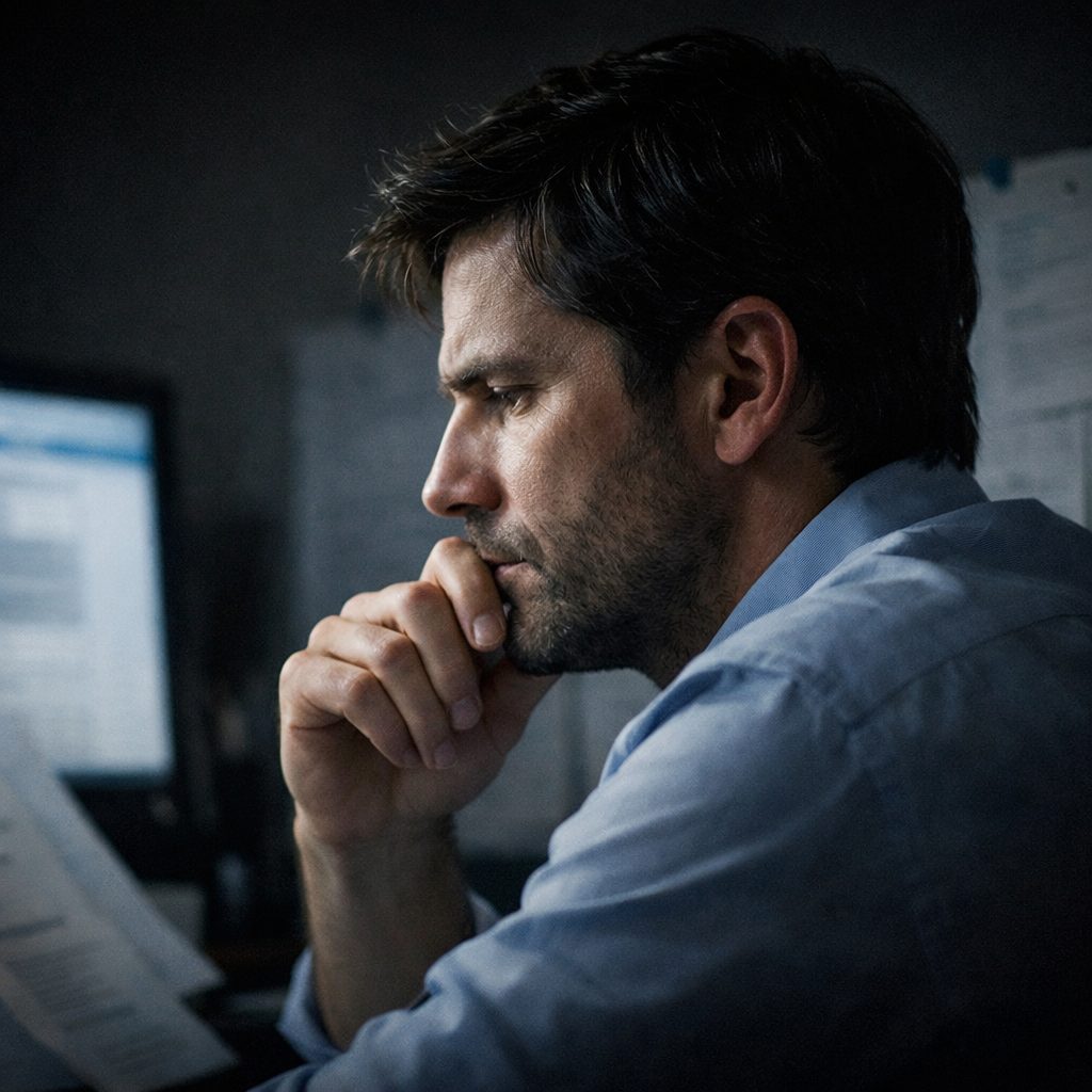 Closeup of a professionally dressed man who is reading a report and in deep thought and a computer with reports is in the background.