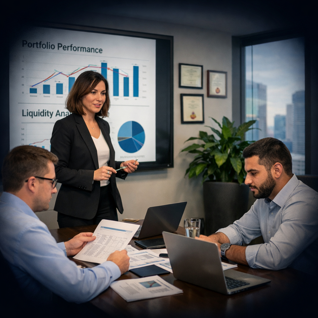 A professional team of three is reviewing reports with charts and graphs around a conference table. One is standing and two are sitting and there is a big screen in the background with charts, certifications and diplomas, a plant and large windows with a cityscape are in the background.