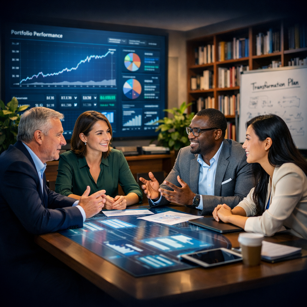 People in an investment office at a table discussing reports with charts and graphs behind them